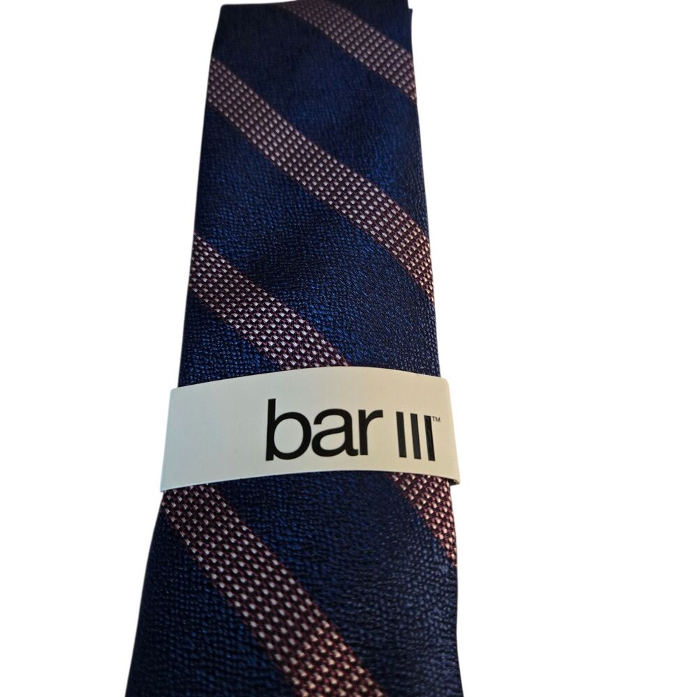 Bar III Necktie Mellini Stripe Skinny Navy Blue Mauve Silk Blend NEW
